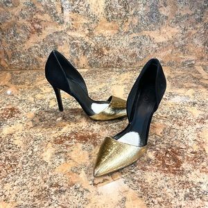 Coach Hollis Black Suede Metallic Gold Crackle d’orsay Pump Pointed Toe Heels